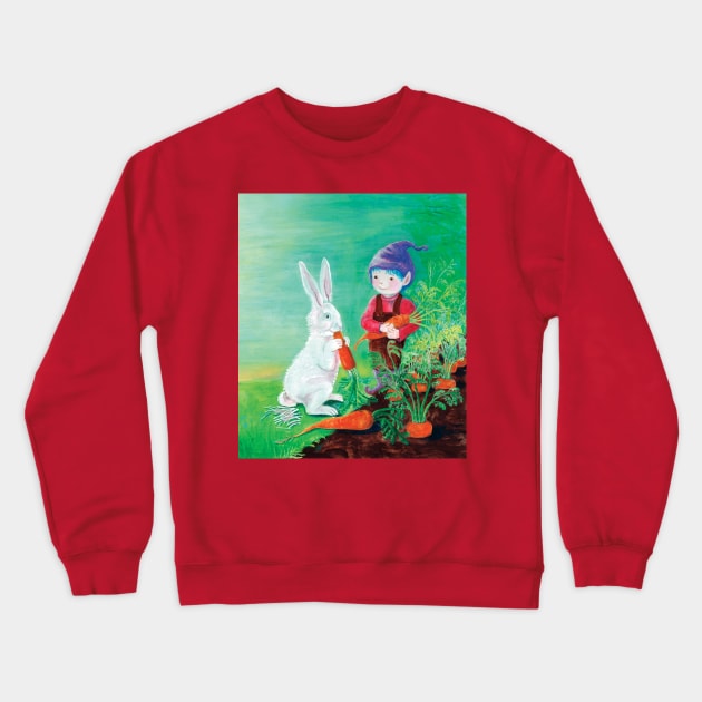 Rabbit Eating Carrot and a Gnome with Purple Hat Illustration Crewneck Sweatshirt by Julia Doria Illustration